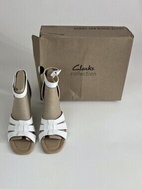 Clarks White Strappy Ankle-Wrap Sandals with Tan Footbed!